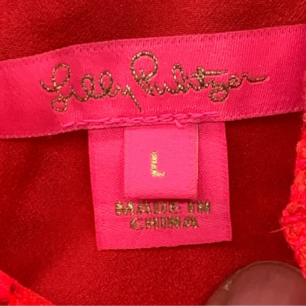 Lilly Pulitzer Averi White Puff Sleeve Top Scalloped Hem Red Hot Pink Two Tone L - Picture 4 of 12